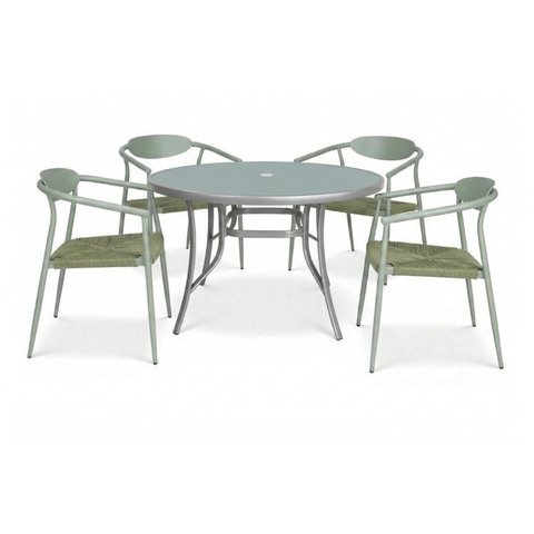 Kit Mesa Arpoador Alumínio e Tampo em Vidro com 4 Cadeiras Aluminio e Corda Náutica Isla Verde/Cinza
