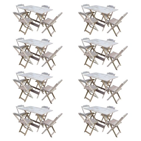 Kit 8 Conjuntos de Mesa com 4 Cadeiras de Madeira Dobrável 120x70 sem Pintura/Crua