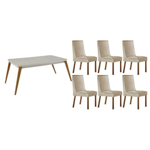 Conjunto: Mesa Sala Jantar Havana Tampo c/ Vidro Curvo 180cm+6 Cadeiras Dakota Madeira Naturale/Off