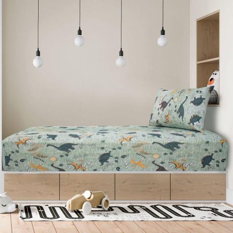 Jogo de Cama Solteiro Kids 2 Pçs Doce Vida Malha 70% Algodão 30% Poliéster Dino Selva