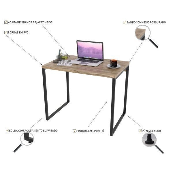 Mesa para Escritório Office Estilo Industrial 90cm Kuadra Compace - 5