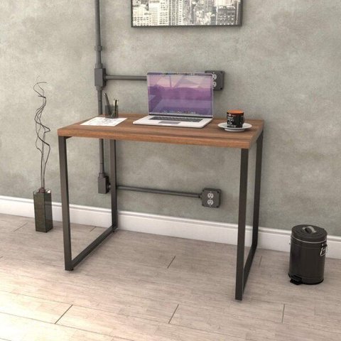 Escrivaninha Mesa Escritório Office Estilo Kuadra 90cm Industrial Nogal Marrom
