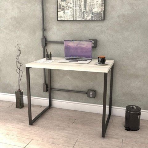 Escrivaninha Mesa Escritório Office Estilo Kuadra 90cm Industrial Snow Bege