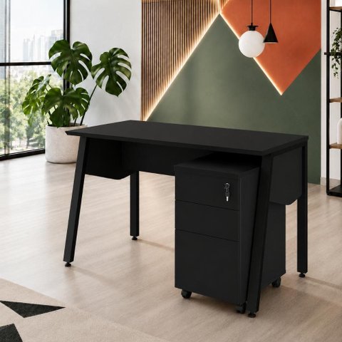 Escrivaninha Escritório Tampo Chanfrado 120cm x 60cm com Gaveteiro Móvel 3 Gavetas F5 Office