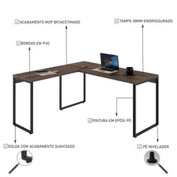 Escrivaninha Mesa Escritório em L Estilo 1,50MX1, Kuadra Compace 150cm Industrial Nogal Marrom - 5 Escrivaninha Mesa Escritório em L Estilo 1,50MX1, Kuadra Compace 150cm Industrial Nogal Marrom - 5
