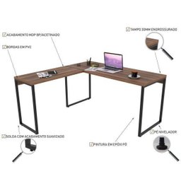 Escrivaninha Mesa Escritório em L Estilo 1,50Mx1, Kuadra Compace 150cm Industrial Nogal - 6