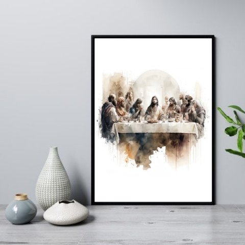 Quadro Santa Ceia Aquarela 33x24cm - com Vidro:madeira Branca