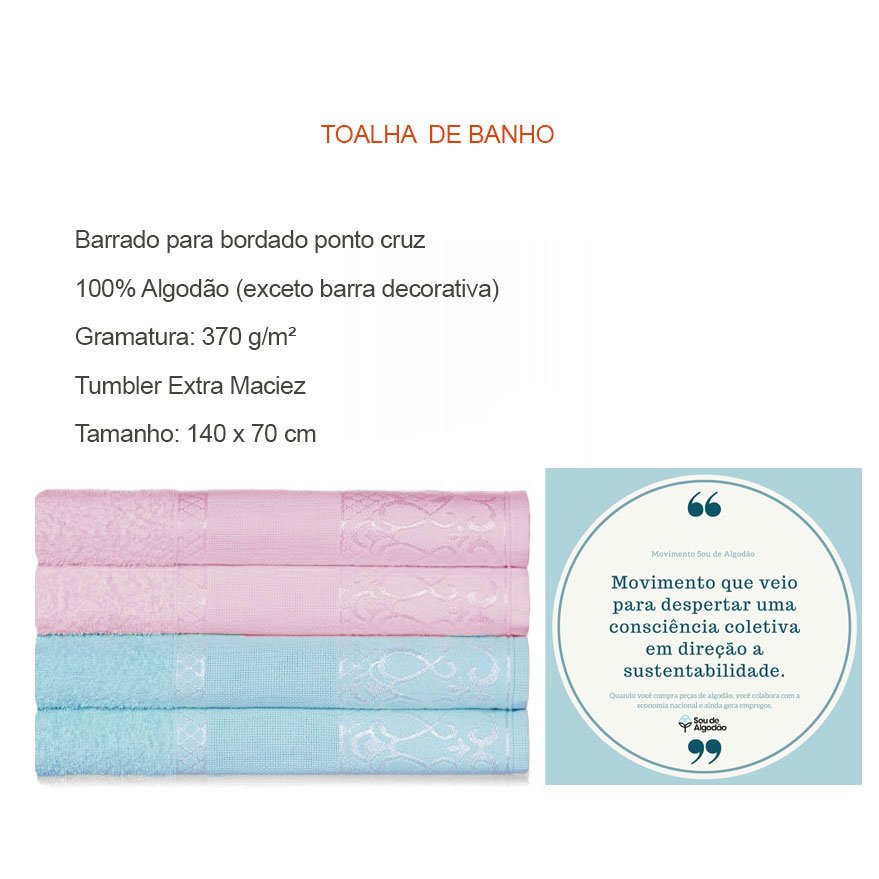 Toalha de Banho e Rosto Rosa e Azul Barra Bordar Kit 4un - 4