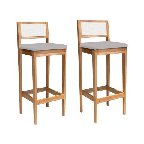 Kit 2 Banquetas Madeira Mel com Linho Cinza Churrasqueira Encosto em Trama