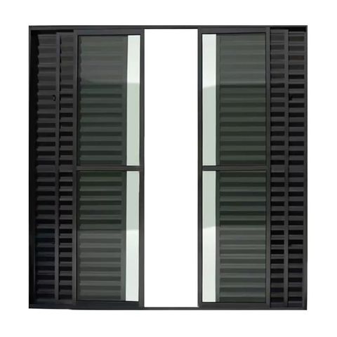 Porta de Alumínio de Correr 6 Folhas com Trinco Abertura Central 210x200cm Preto Allo Esquadrias