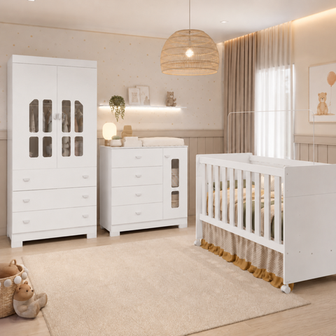 Quarto Completo Katatau para Quarto de Bebê Berço 3 em 1, Guarda-Roupa 2 Portas, Cômoda Sapateira 100% MDF, Detalhes Acrílico Branco Fosco