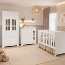 Ver imagem 1 de Quarto Completo Katatau para Quarto de Bebê Berço 3 em 1, Guarda-Roupa 2 Portas, Cômoda Sapateira 100% MDF, Detalhes Acrílico Branco Fosco