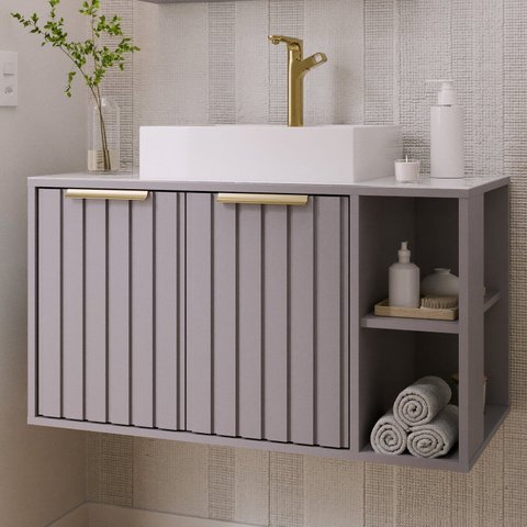 Gabinete para Banheiro 80cm com 2 Portas 2 Nichos e Cuba de Sobrepor Noruega Cinza/Platina