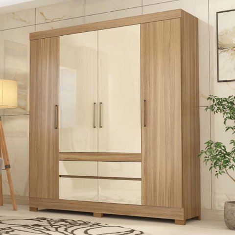 Guarda Roupa Casal 4 Portas e 4 Gavetas Florida - Amêndola Touch/off White