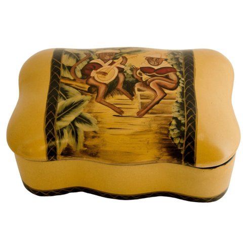 Caixa Decorativa Porta-Joias Cerâmica Amarelo Macacos Singerie Laca Chinesa 19cm Columbus Gold