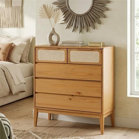 Cômoda 5 Gavetas Madeira Maciça com Telinha Rattan Viena Mel