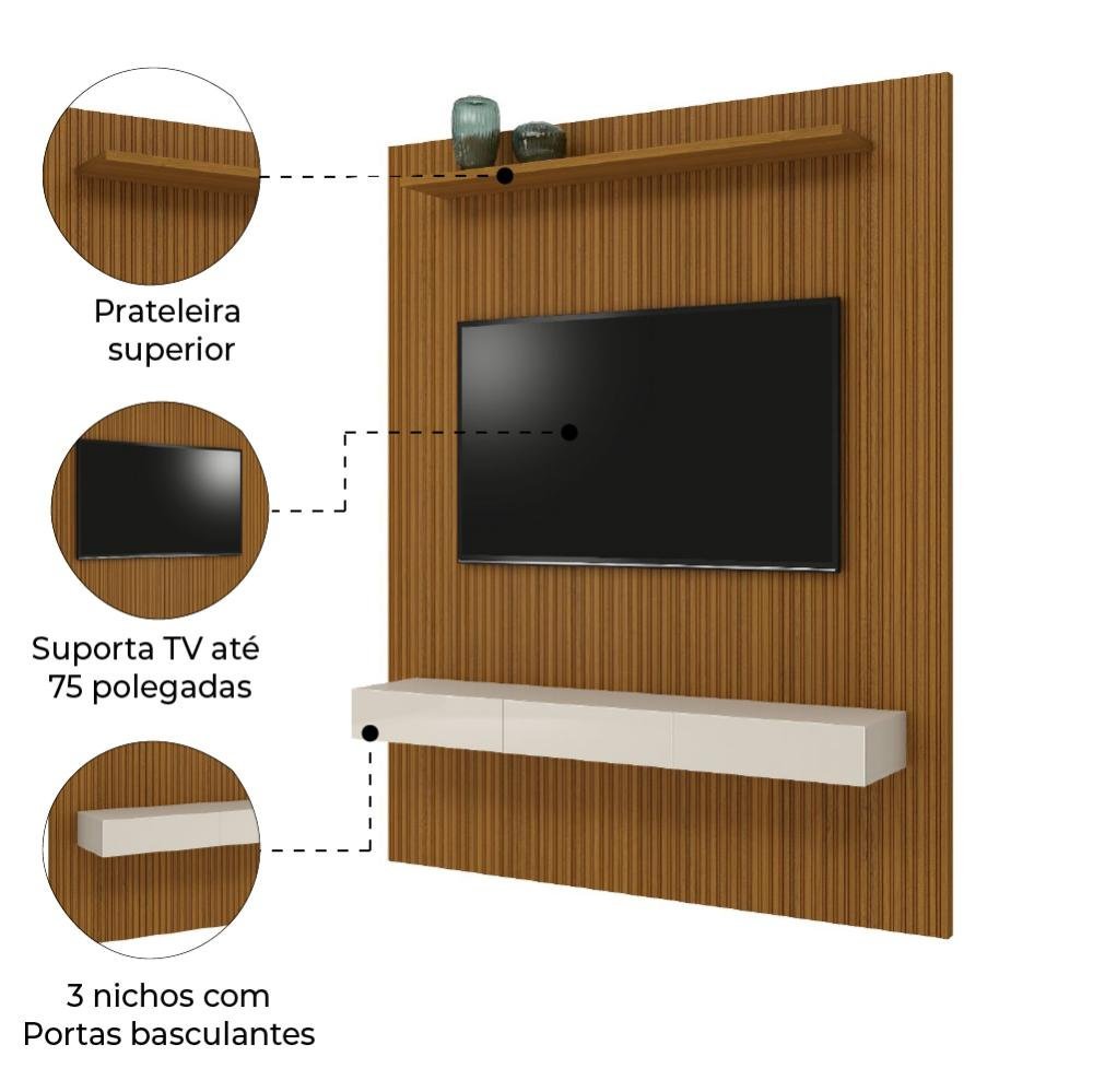 Painel para Tv até 75 Polegadas Ripado Impressão 3d Egeo com Nicho 1,80m Cedo Off White Edn - 3