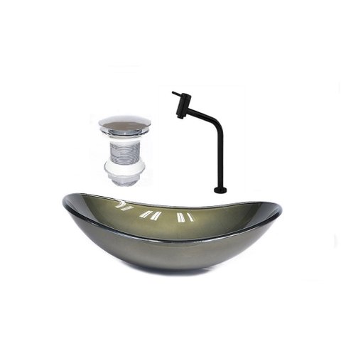 CUBA DE VIDRO OVAL 55CM OURO ENVELHECIDO + VALVULA + TORNEIRA PRETA