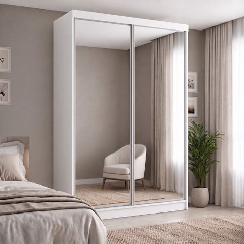 Guarda-Roupa Solteiro com Espelho 2 Portas de Correr 2 Gavetas MDFMM771E2 Espresso Móveis Branco