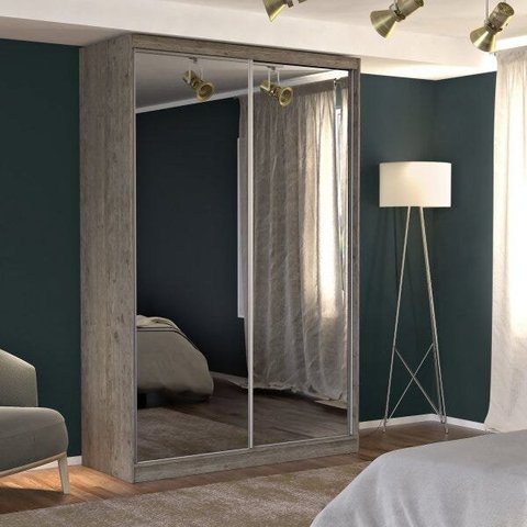 Guarda-Roupa Solteiro com Espelho 2 Portas de Correr 2 Gavetas MDFMM771E2 Espresso Móveis Cinza/Demolição