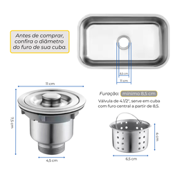 Válvula Pia Cozinha 4 1/2 Inox 304 com Cesto Removível Ralo - Brinovar - 2