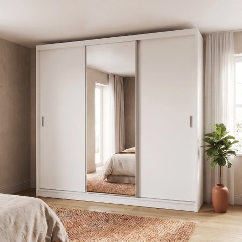Guarda-Roupa 3 Portas de Correr com 1 Espelho Branco