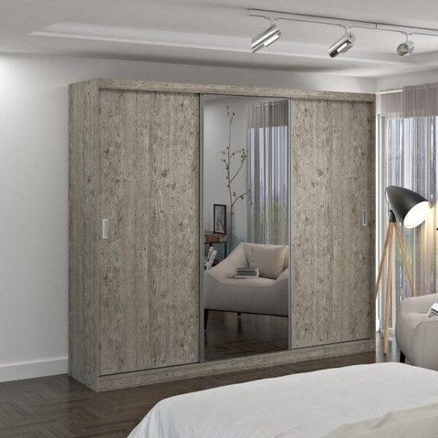 Guarda-Roupa Casal 1 Espelho 3 Portas de Correr 2 Gavetas MDFMM774E1 Espresso Móveis Cinza/Demolição