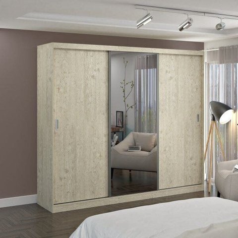 Guarda-Roupa Casal 1 Espelho 3 Portas de Correr 2 Gavetas MDFMM774E1 Espresso Móveis Bege/Marfim Areia