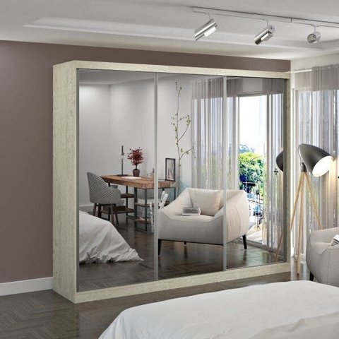 Guarda-Roupa Casal com Espelho 3 Portas de Correr MDFMM774E3 Espresso Móveis Bege/Marfim Areia