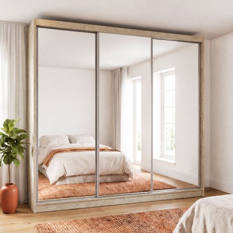 Guarda-Roupa Casal com Espelho 3 Portas de Correr MDFMM774E3 Espresso Móveis Bege/Marfim Areia