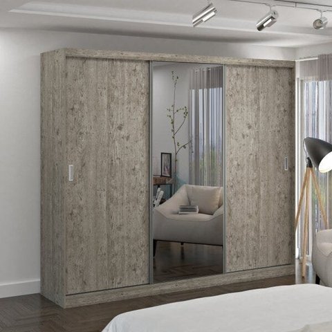 Guarda-Roupa Casal 1 Espelho 3 Portas de Correr 2 Gavetas MDFMM7318E1 Espresso Móveis Cinza/Demolição
