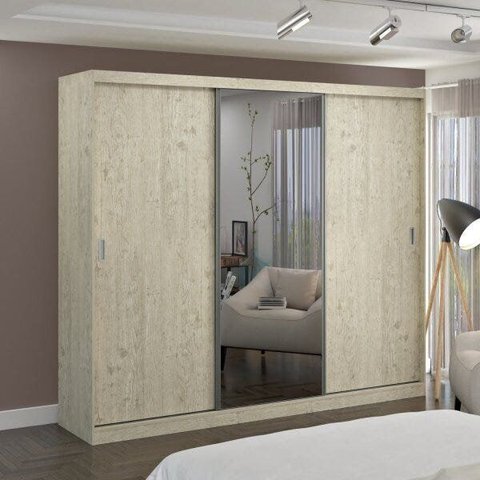Guarda-Roupa Casal 1 Espelho 3 Portas de Correr 2 Gavetas MDFMM7318E1 Espresso Móveis Bege/Marfim Areia