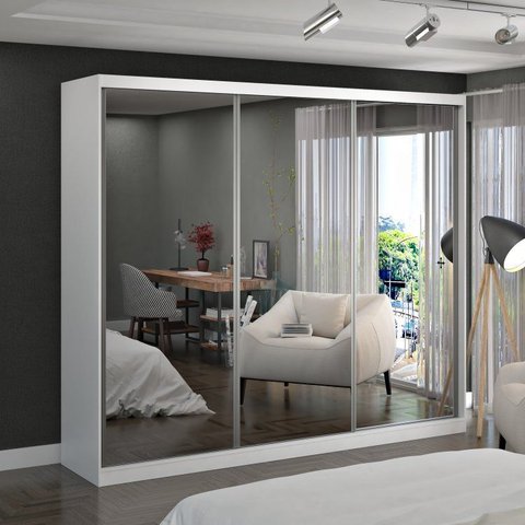 Guarda-Roupa Casal com Espelho 3 Portas de Correr 2 Gavetas MDF Espresso Móveis Branco