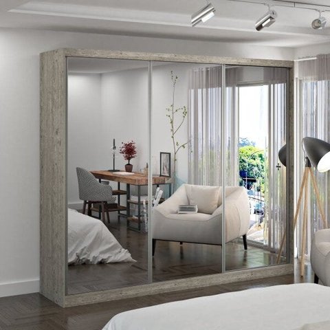 Guarda-Roupa Casal com Espelho 3 Portas de Correr 2 Gavetas MDFMM7318E3 Espresso Móveis Cinza/Demolição