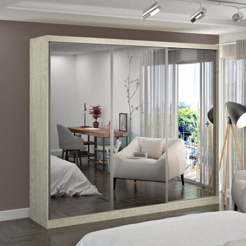 Guarda-Roupa Casal com Espelho 3 Portas de Correr 2 Gavetas MDFMM7318E3 Espresso Móveis Bege/Marfim Areia