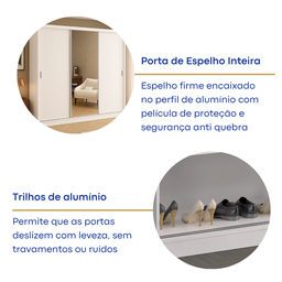 Guarda-Roupa Casal 1 Espelho 3 Portas de Correr 2 Gavetas MDFMM7320E1 Espresso Móveis Branco - 6
