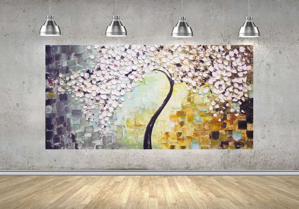 Quadro Pintura Tela Arvores e Flores Modernas Em Altos Relevos 2050: 50cm (A) x 100cm (L) - 4