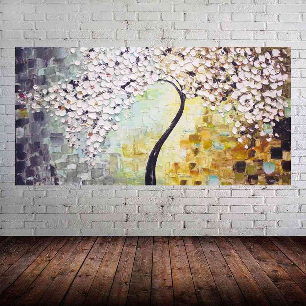 Quadro Pintura Tela Arvores e Flores Modernas Em Altos Relevos 2050: 50cm (A) x 100cm (L) - 1