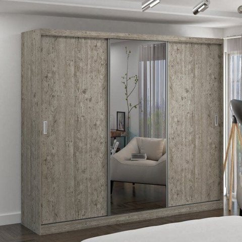 Guarda-Roupa Casal 1 Espelho 3 Portas de Correr 2 Gavetas MDFMM7320E1 Espresso Móveis Cinza/Demolição