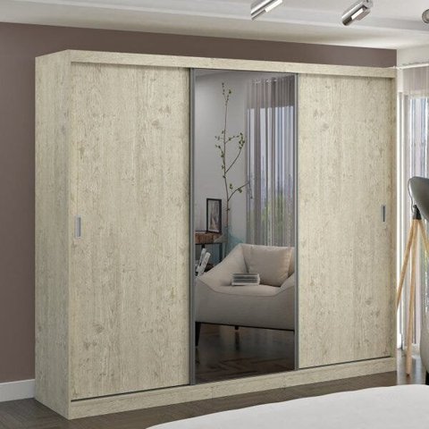 Guarda-Roupa Casal 1 Espelho 3 Portas de Correr 2 Gavetas MDFMM7320E1 Espresso Móveis Bege/Marfim Areia