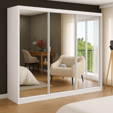 Guarda-Roupa Casal com Espelho 3 Portas de Correr 2 Gavetas MDF Espresso Móveis Branco