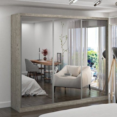 Guarda-Roupa Casal com Espelho 3 Portas de Correr 2 Gavetas MDFMM7320E3 Espresso Móveis Cinza/Demolição