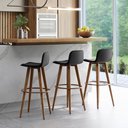 Ver imagem 1 de Kit 3 Banquetas Altas Luxo Versatil Aço Cobre Linho Preto Base Carvalho