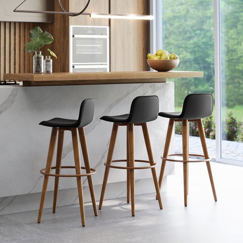 Kit 3 Banquetas Altas Luxo Versatil Aço Cobre Linho Preto Base Carvalho