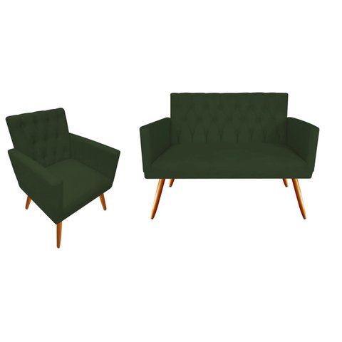 Kit Namoradeira + 1 Poltrona Decorativa Nina Capitonê Suede Verde Pés Madeira Mz Decor