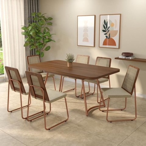 Conjunto Sala de Jantar Alicante 6 Lugares Tampo em MDF Rosê 170cm Móveis Carraro