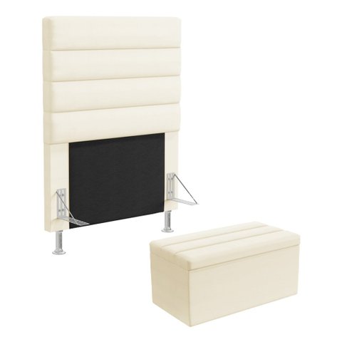 Cabeceira Atlas e Calçadeira Baú Ursa 90 para Cama de Solteiro N-030 Veludo Bege Aradecor