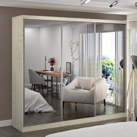 Guarda-Roupa Casal com Espelho 3 Portas de Correr 2 Gavetas MDFMM7320E3 Espresso Móveis Bege/Marfim Areia