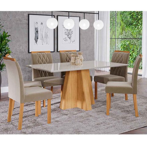 Conjunto Sala de Jantar Mesa Patricia 160x80 e 6 Cadeiras Juliana Cimol Nature/Off White/Madeira/