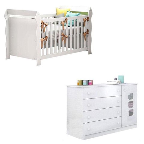 Berço Americano Lara e Cômoda Infantil Lívia Branco Brilho ? Phoenix